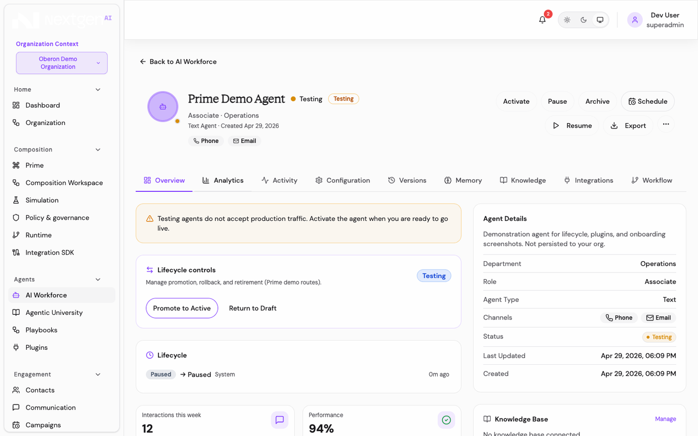 Lifecycle controls for promoting, rolling back, and retiring an agent.