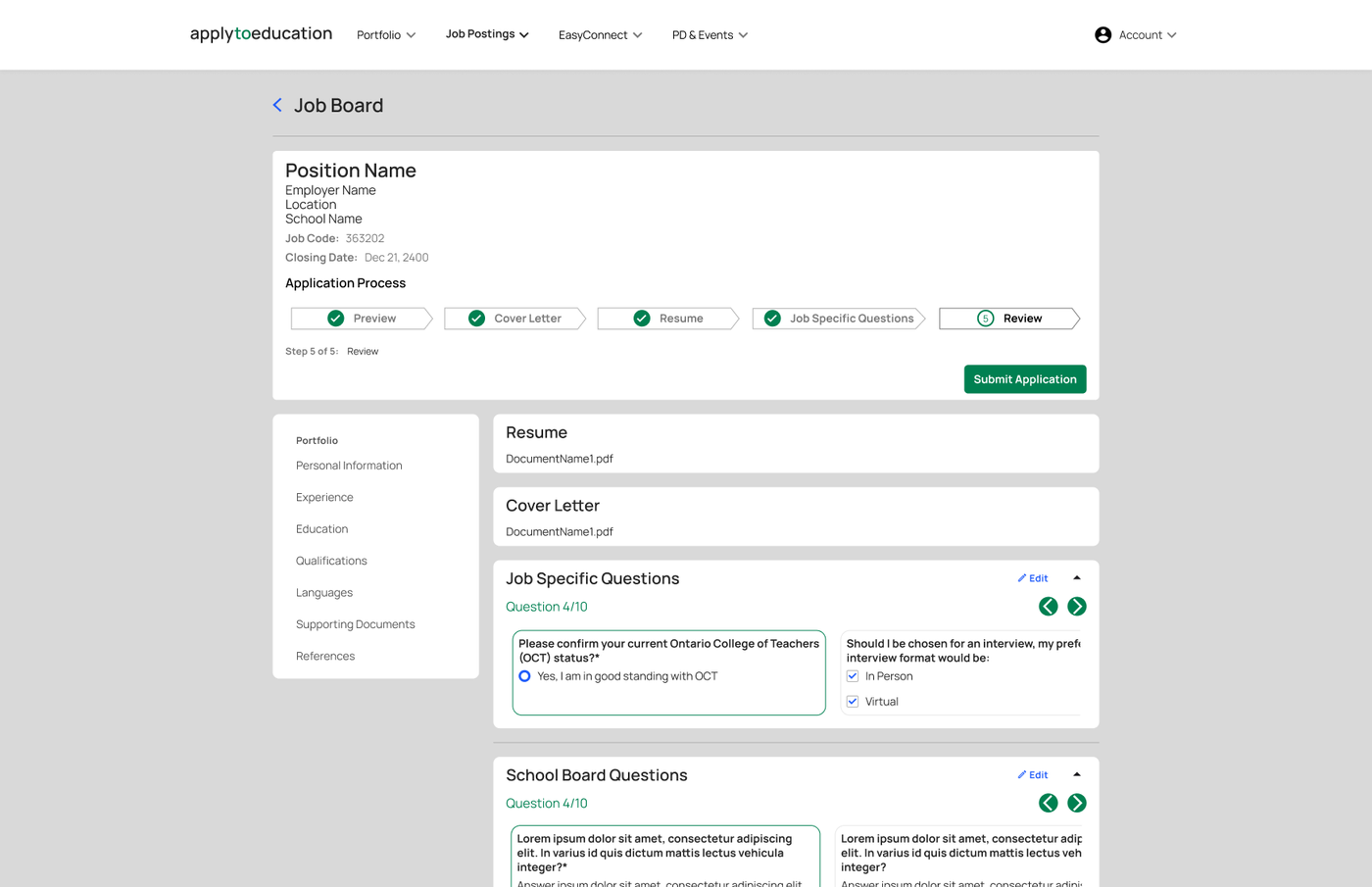Apply to Education job application on a desktop, a five step process bar across the top and the portfolio sections listed down the side. Workflow design.