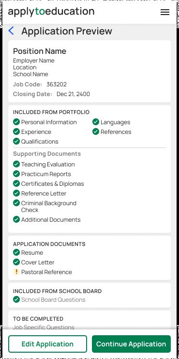 Apply to Education job application preview on a phone, each portfolio item ticked as ready and one supporting document flagged with a warning. Interaction design.