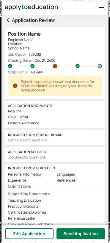 Apply to Education job application review on a phone, one step of the five shown in a warning state and a banner warning that a missing document will disqualify the application. Interaction design.
