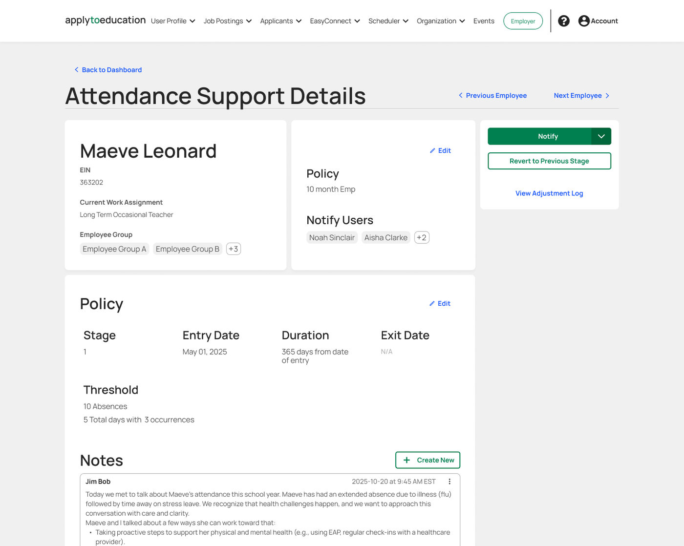 Apply to Education attendance support plan as it shipped: a flat policy row with the thresholds written as plain text and no stage history. Enterprise SaaS product design.