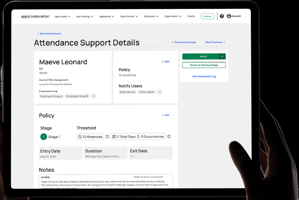 Performance Improvement Plan management screen showing an employee record with policy stage, threshold, entry date, notify users, and revert-to-previous-stage controls.