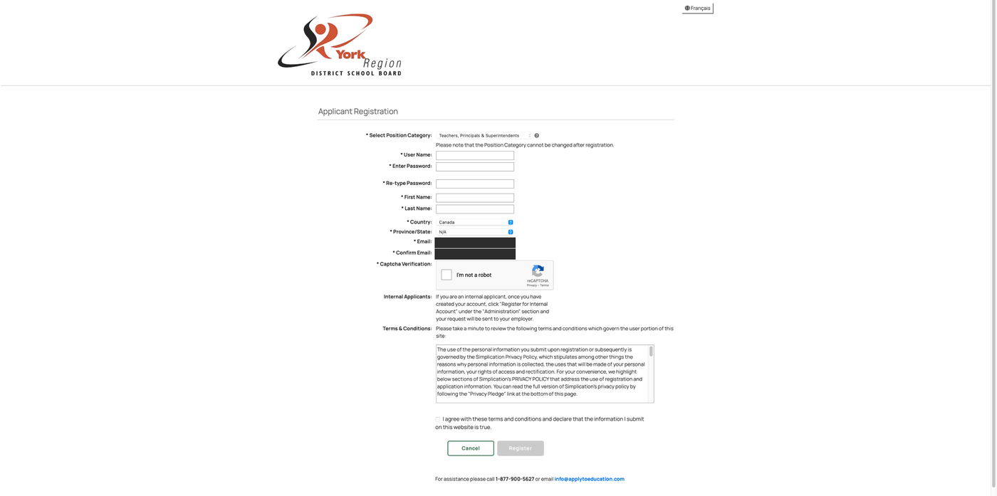 The old Apply to Education applicant registration page: nine fields, a CAPTCHA and a scrolling terms and conditions box on one screen. The two email fields are redacted.