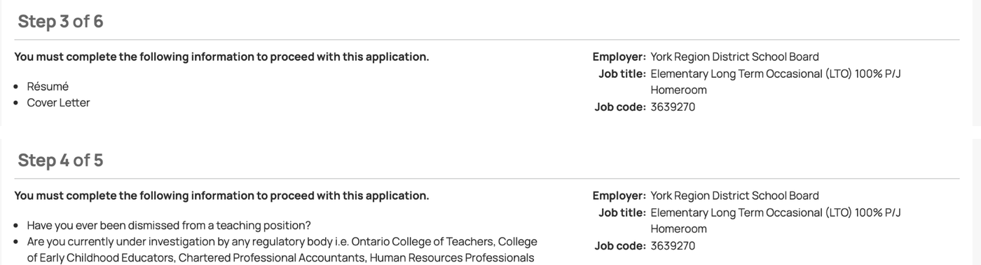 Two headers from the same old application, same employer and same job code 3639270, one reading Step 3 of 6 and the next reading Step 4 of 5.
