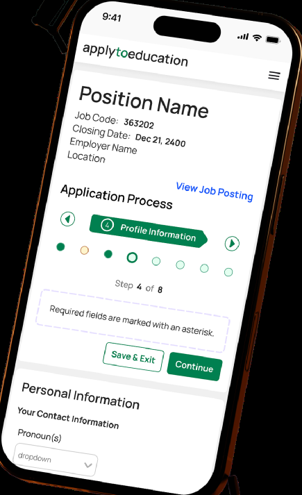 Mobile job application showing step 4 of 8 with Profile Information active.