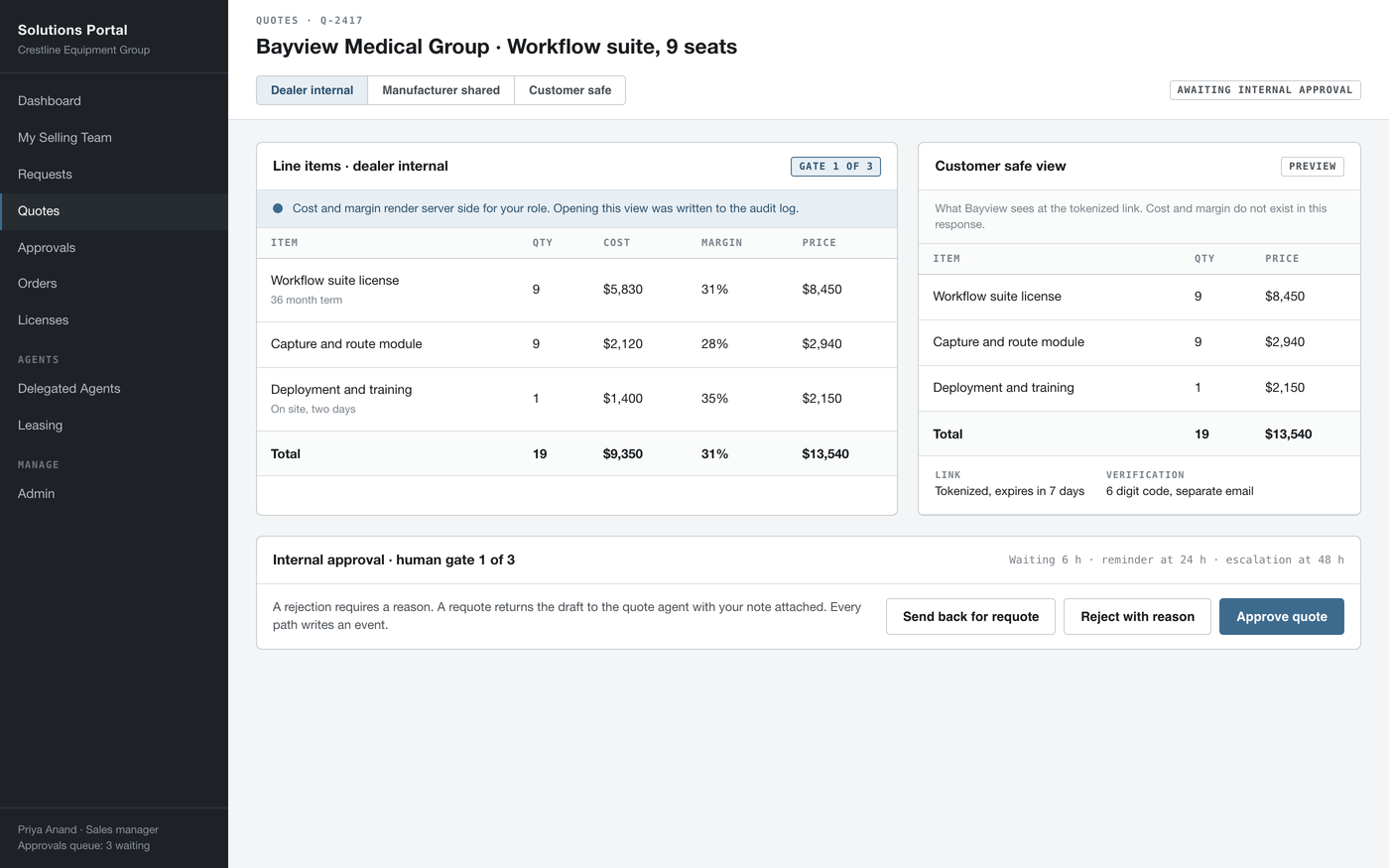 Quote screen with dealer-internal cost and margin beside the customer-safe view that has neither. Reconstruction with fictional data.
