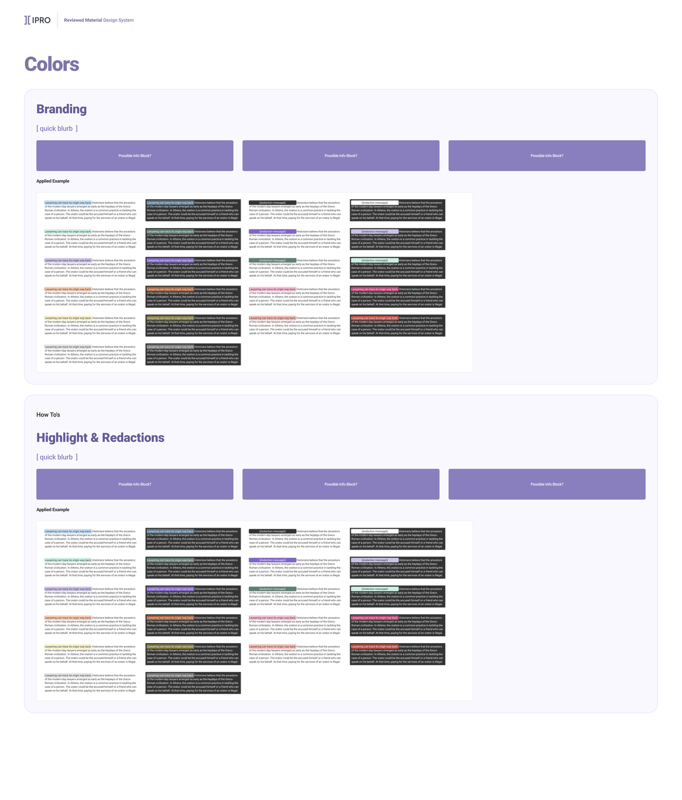 IPRO highlight and redaction color tokens used for marking and obscuring evidentiary text.