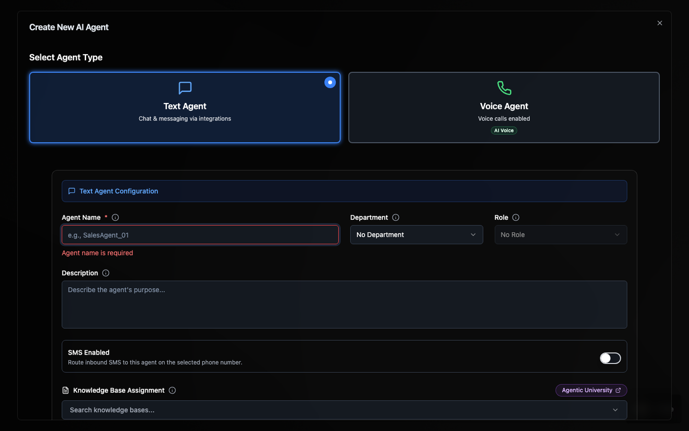 Creating an agent today: a type picker and a long form with name, department, role, and knowledge base fields.
