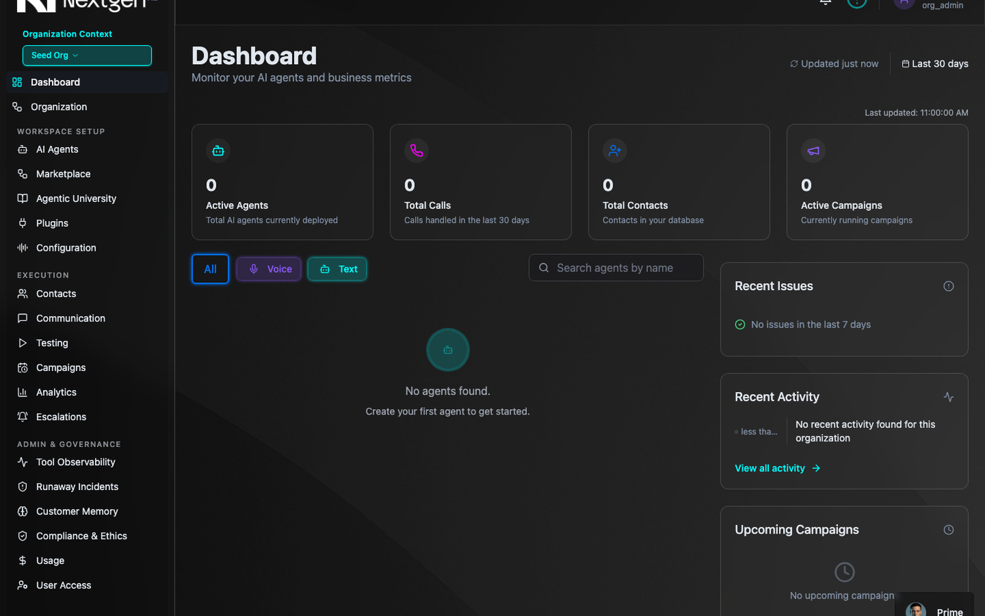 The platform today: a new organization's dashboard with zero agents and a sidebar of more than twenty pages.