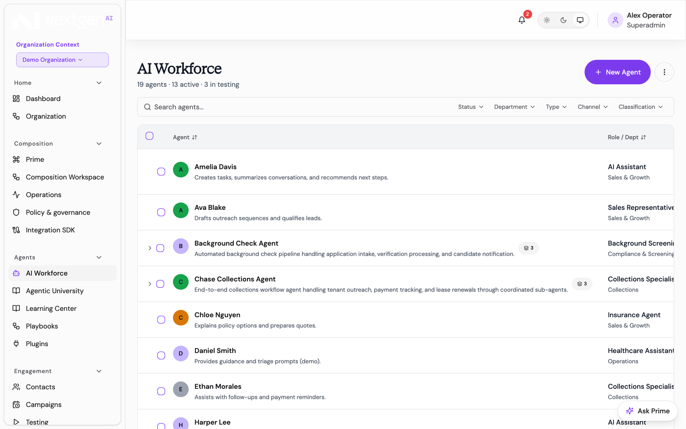 The same agents page in the 2.5 prototype: a light theme, serif page title, one purple action button, and a filterable agent table. Sample data.