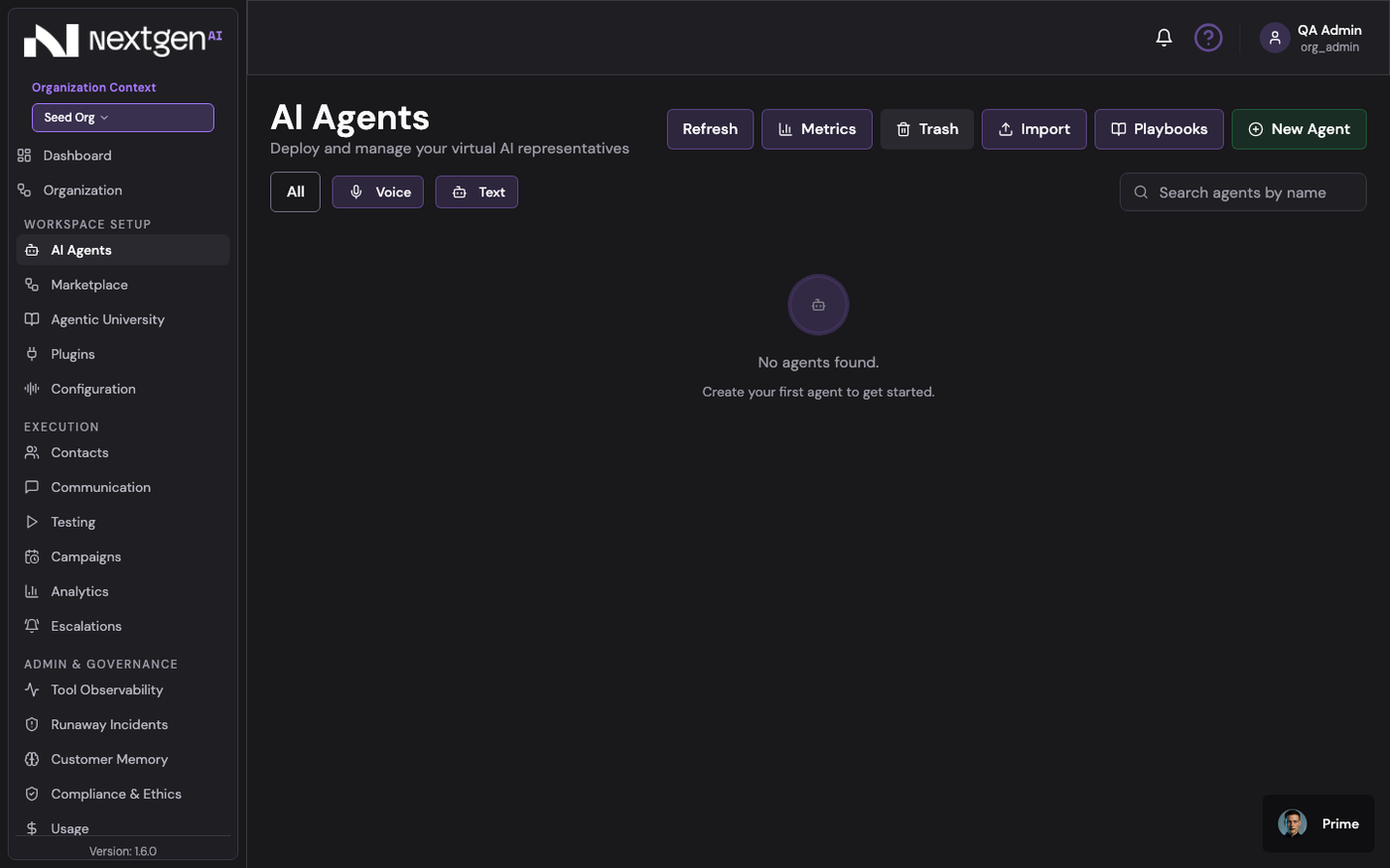 The agents page rebuilt on shadcn components and design tokens: the same dark screen with one restrained palette. Sample data.