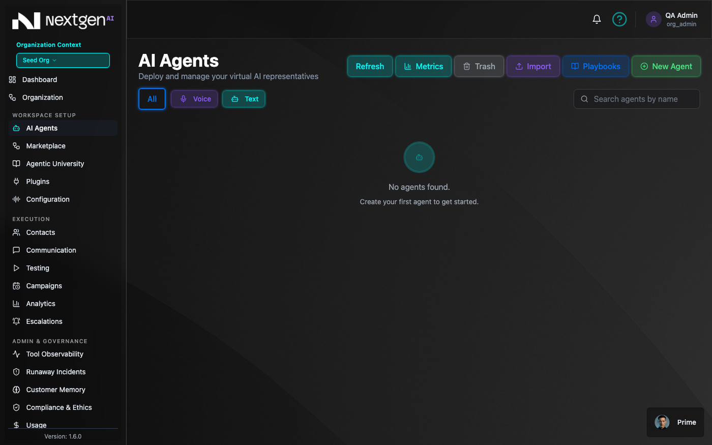The agents page on version 1.6: five header buttons in five colors, teal, green, purple, and blue, on a dark theme.