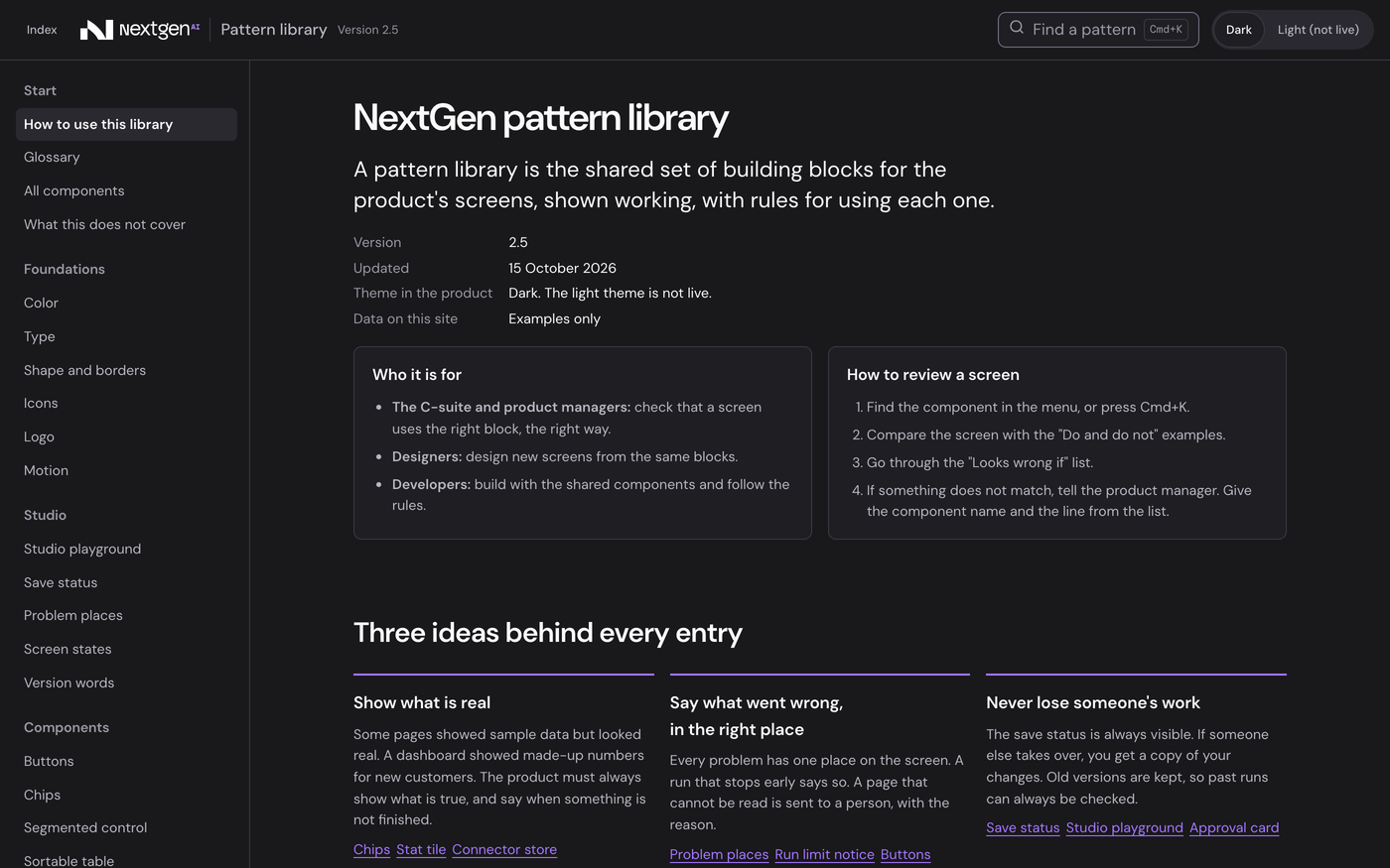 The pattern library home: an index rail on the left, who it is for, how to review a screen, and three ideas behind every entry.
