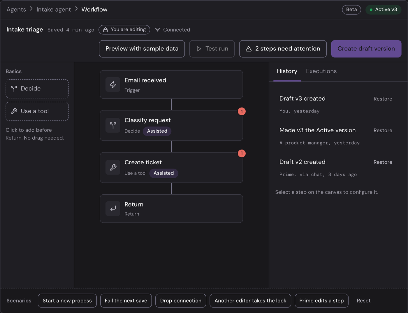 The Studio playground: a workflow of four steps, two needing attention, a history panel, and a row of failure scenarios to try.
