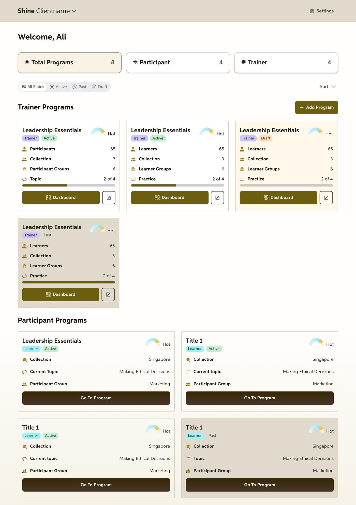 Trainer programs overview showing Total Programs, Participant, and Trainer counts, Active/Past/Draft filters, and Leadership Essentials program cards.