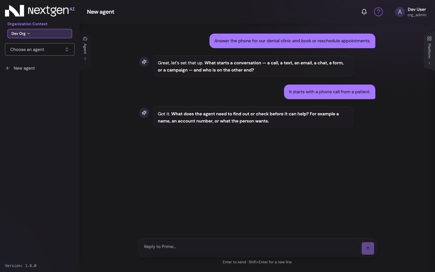In the simplified version, New agent opens a chat with Prime that fills the workspace and builds the agent from the interview. Interaction design.