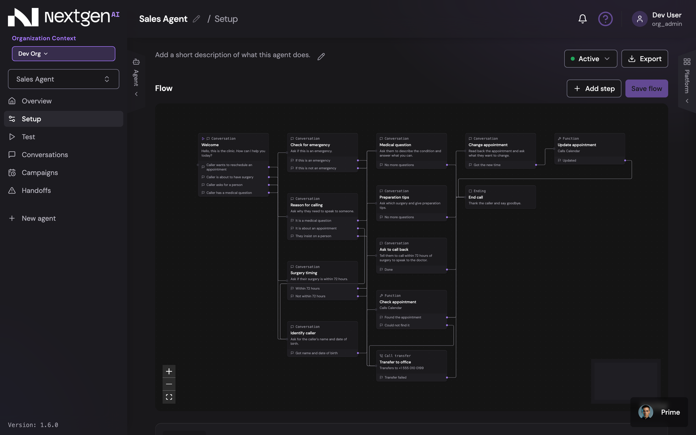 The Setup page: the agent's decision flow as steps and branches on a canvas, each branch a plain-language condition. Interaction design.