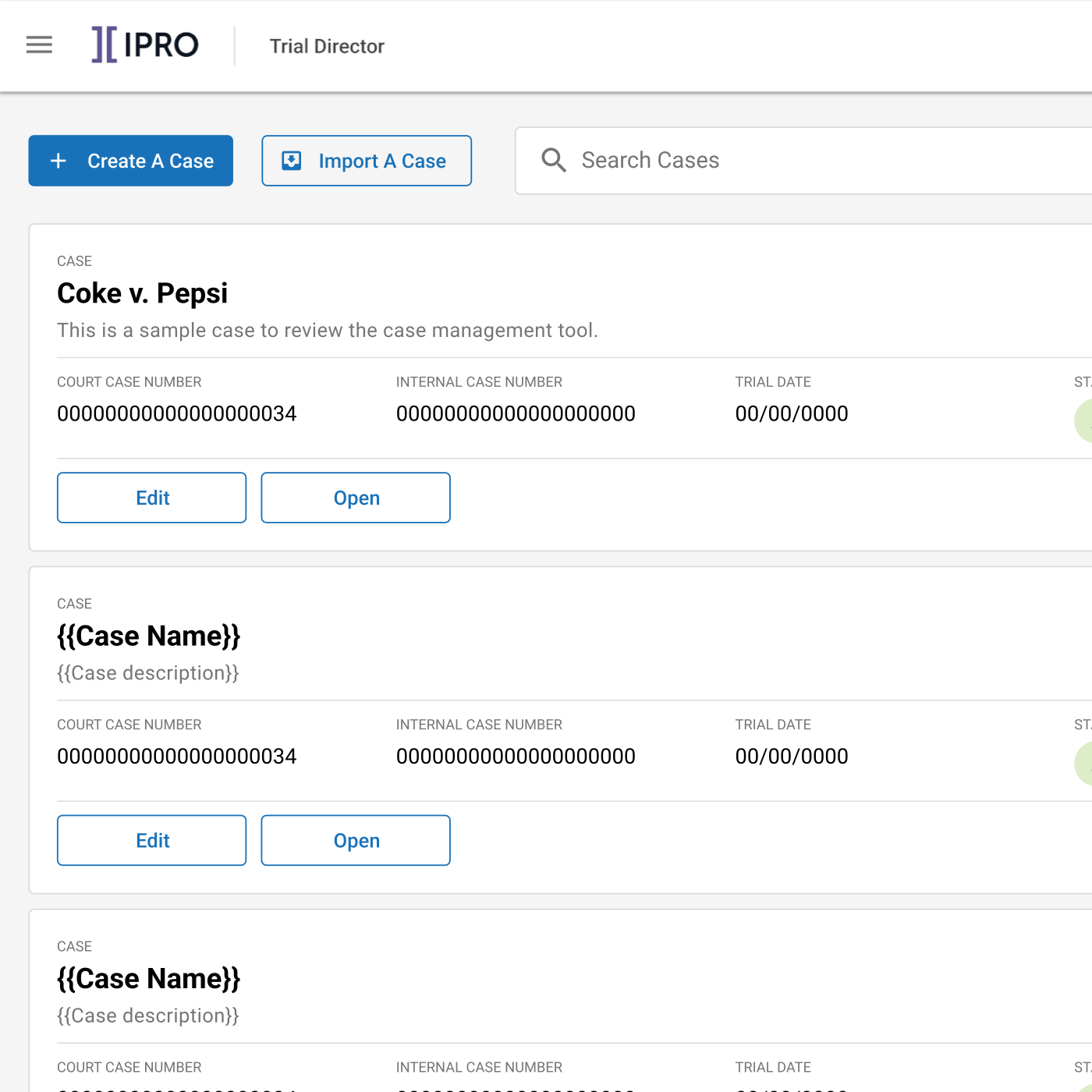 TrialDirector case selection screen with Coke v. Pepsi as the active case.