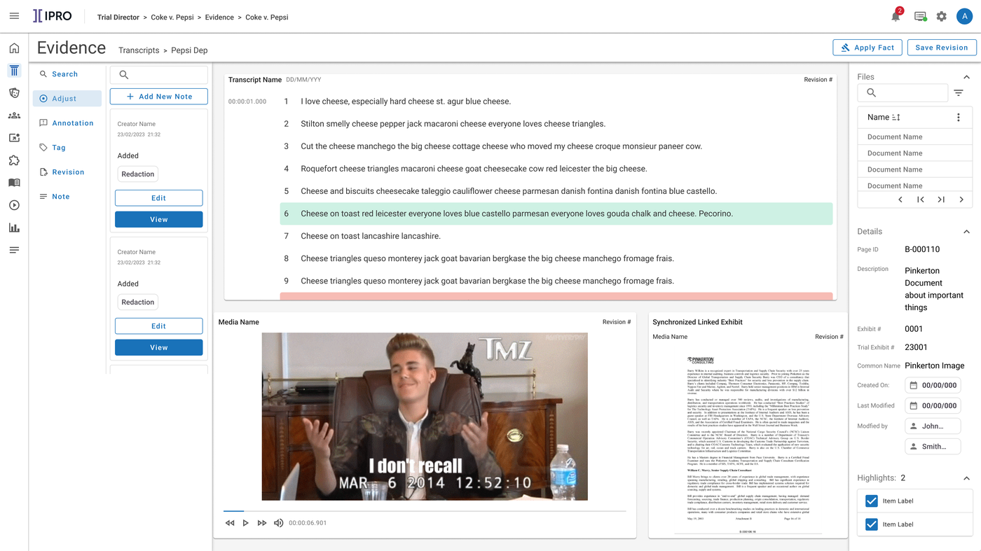 Evidence review showing a synchronized media exhibit alongside a transcript with revision markers.