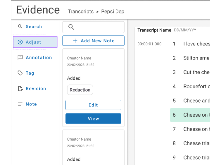 Evidence review tool palette and revision history with Accept and Reject controls.