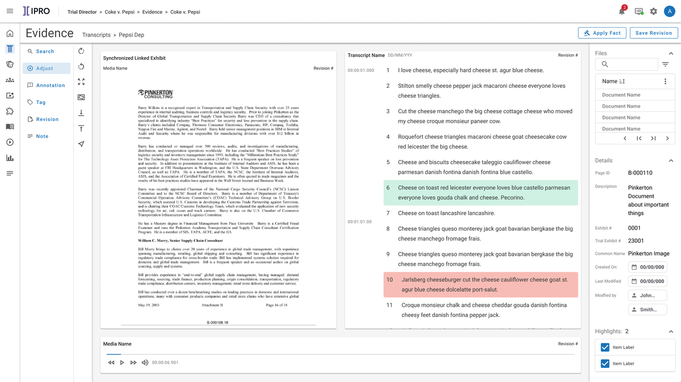 Evidence review showing two synchronized text exhibits side by side with highlighted transcript lines.
