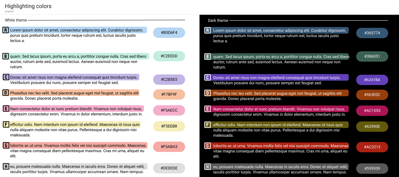Eight highlight colours for TrialDirector on a light theme and a dark theme, each carrying a letter badge from A to H and the hex value of its pair. Accessibility.