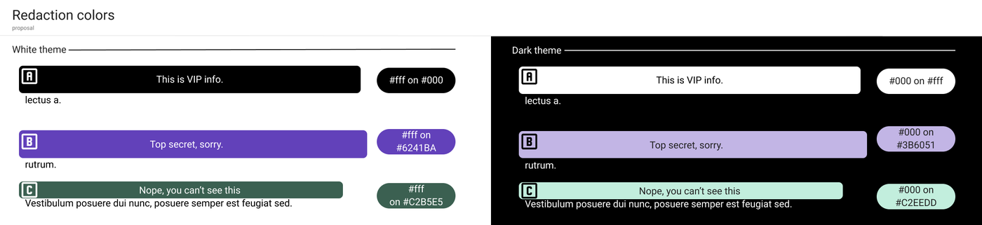 Three redaction states for TrialDirector on a light theme and a dark theme, each carrying a letter badge and the hex value of its pair. Accessibility.
