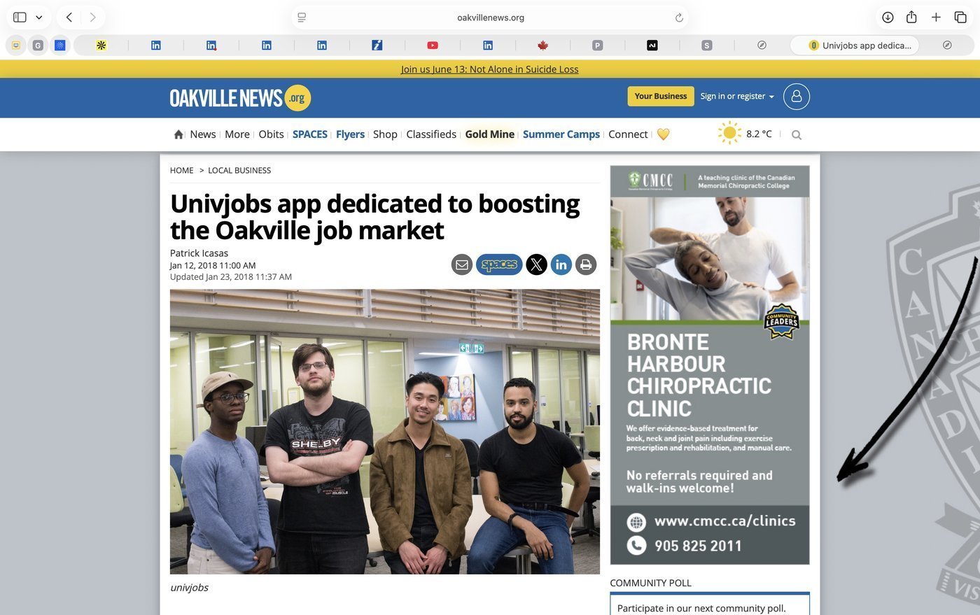 Oakville News article headline 'Univjobs app dedicated to boosting the Oakville job market' with a photo of the founding team.